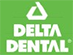 The image features a logo with the text DELTA DENTAL accompanied by a stylized graphic resembling a toothbrush and a dental crown, set against a green background with white and yellow accents.
